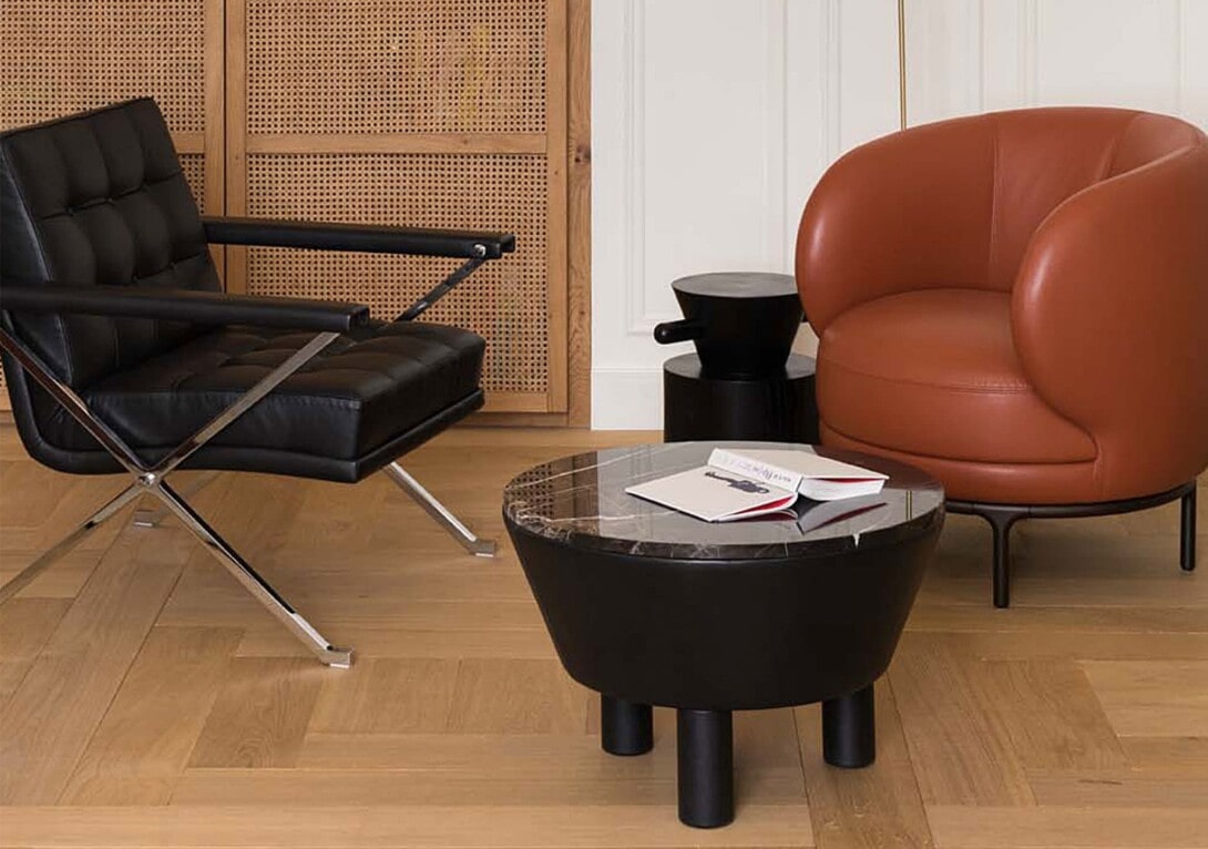 Wittmann Leather Side Table 60cm: Emperador Dark with Black Base