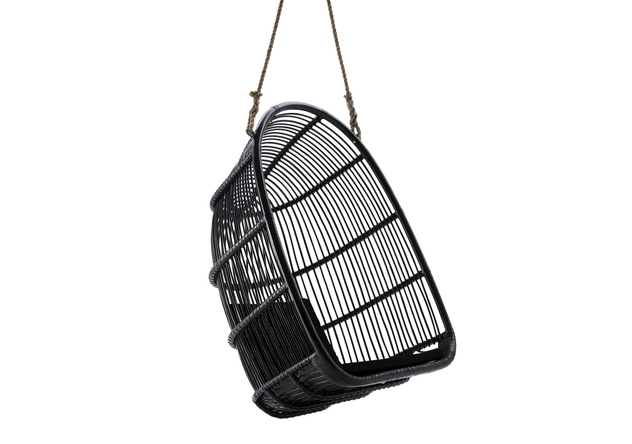 Renoir Black Rattan Swing Chair with Black Back and Seat Cusions Renoir Black Rattan Swing Chair with Black Back and Seat Cusions
