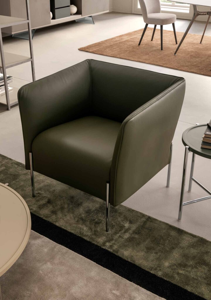 Dolly Armchair Presotto Nabuk 15 Olive Leather Chrome Legs