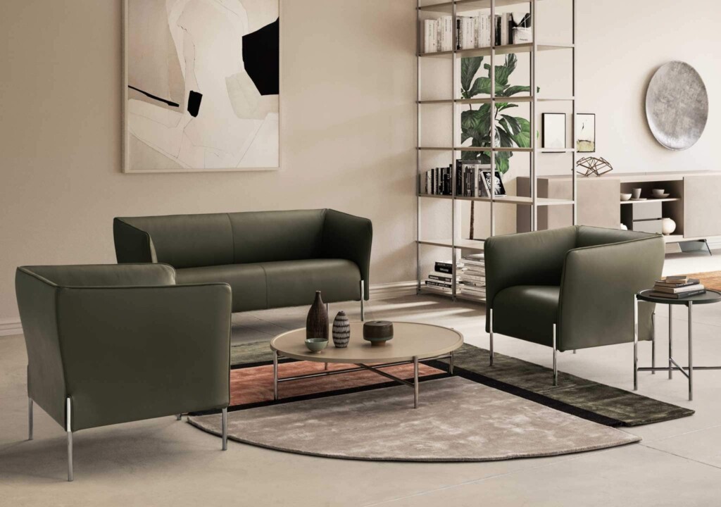 Dolly Armchair and Sofa Presotto Nabuk 15 Olive Leather Chrome Legs