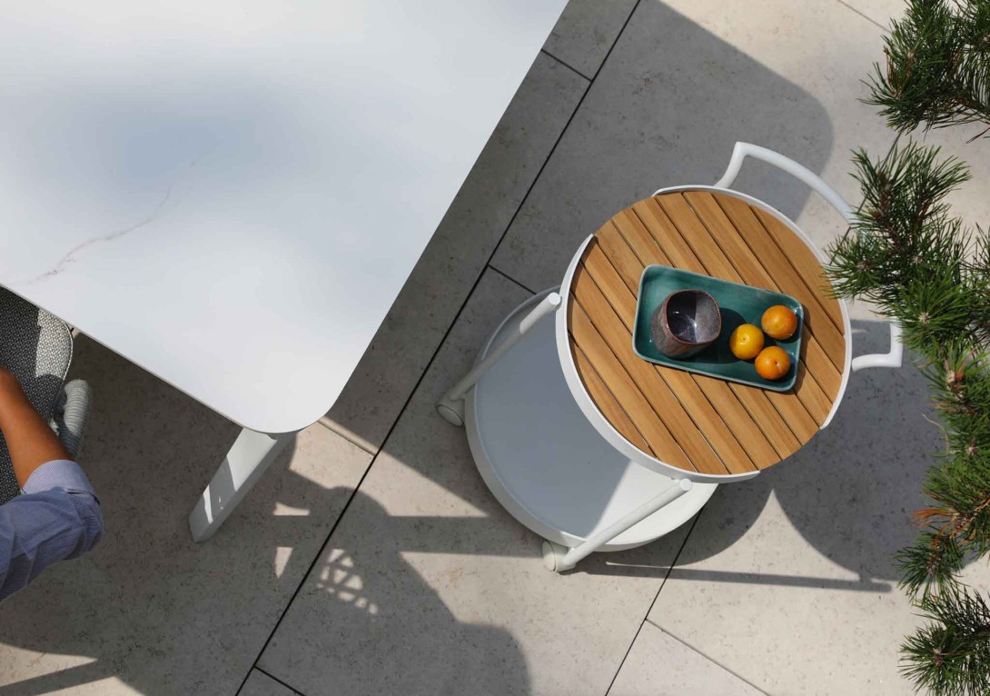 Bloom Trolley White Frame Teak Top Insitu Dining Table