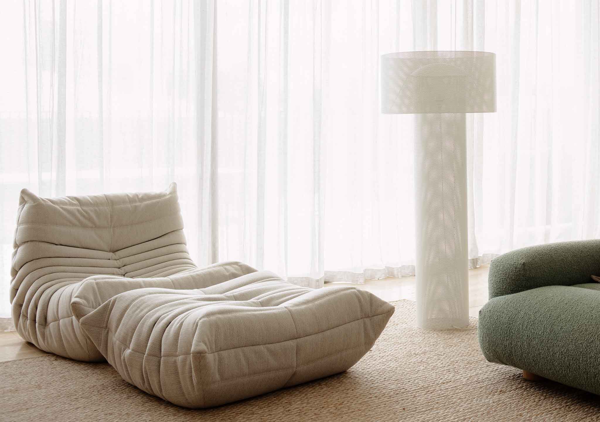 Togo Fireside and Footstool in Dios col Linen Asola Floor Lamp. Dornoch Residence West End. Brock Beazley Togo Fireside and Footstool in Dios col Linen Asola Floor Lamp. Dornoch Residence West End. Brock Beazley