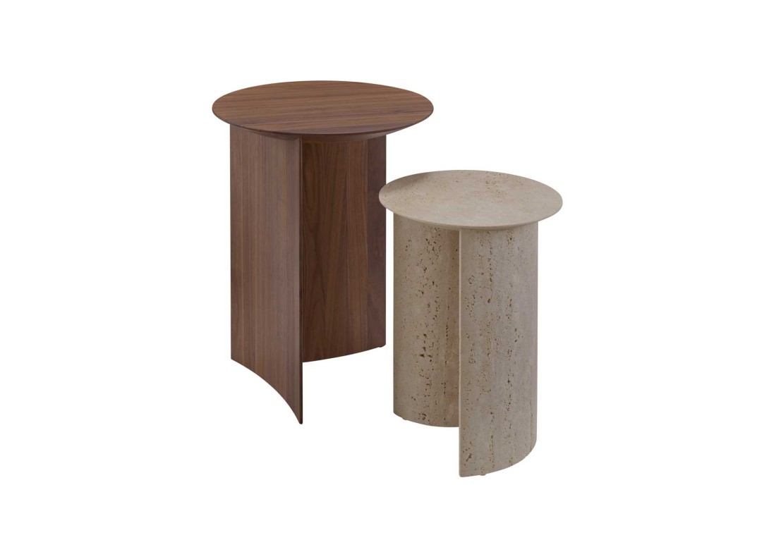 Ligne Roset: Rondone Walnut and Apuso Travertine Occasional Tables