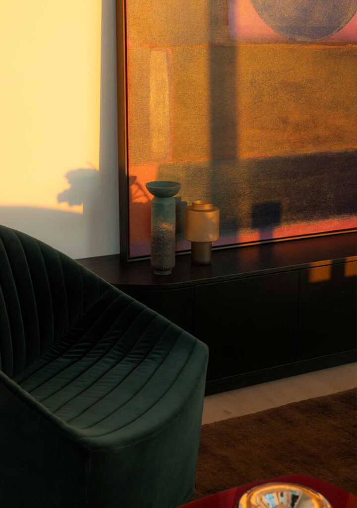 DOMO Penthouse living room Spin Sofa HC28 Oyster Armchair Asola Floor Lamp FURNISHD Cloud Residence Southbank Dylan James